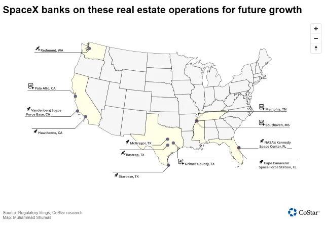 Map showing SpaceX’s major real estate operations across the US, including sites in Texas, California, Washington, Florida, Tennessee, and Mississippi.