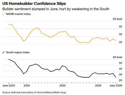 Chart showing the NAHB housing market index and South region index declining from 2023 to June 2026, with builder confidence reaching its lowest level since 2020.