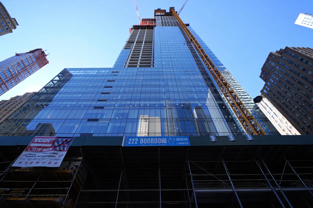 NYC halted work at 222 Broadway over reporting issues tied to repaired cracked beams, intensifying scrutiny of office conversions.