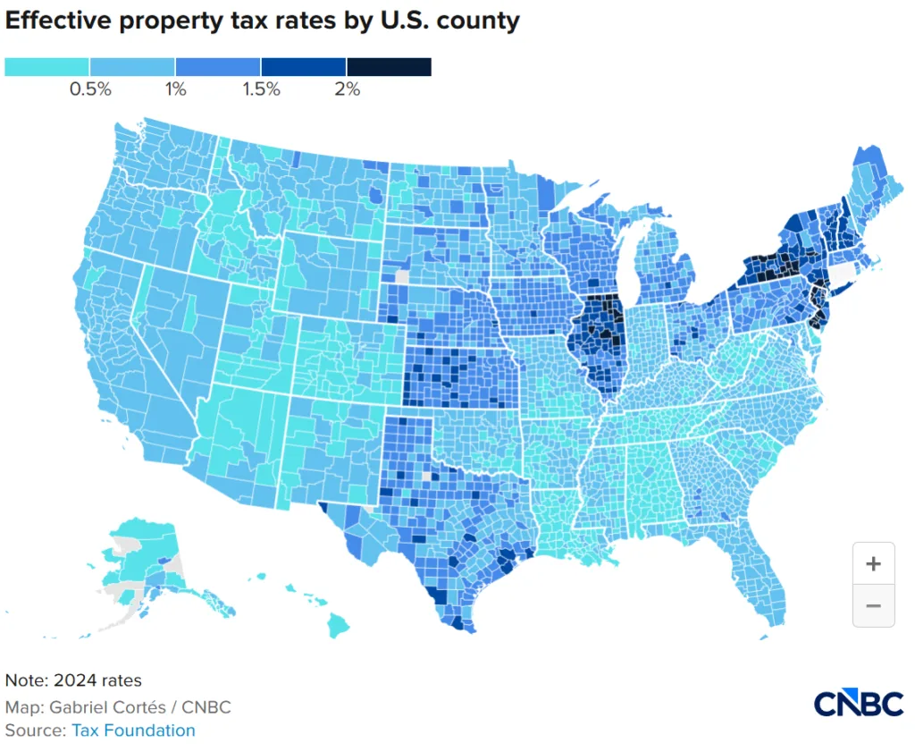 Map of 2024 effective property tax rates by US county, showing higher rates across parts of the Northeast and Midwest.