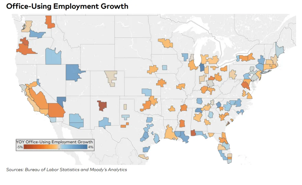 US office-using employment growth varies widely by metro, ranging from roughly 5% declines to 4% gains year-over-year.