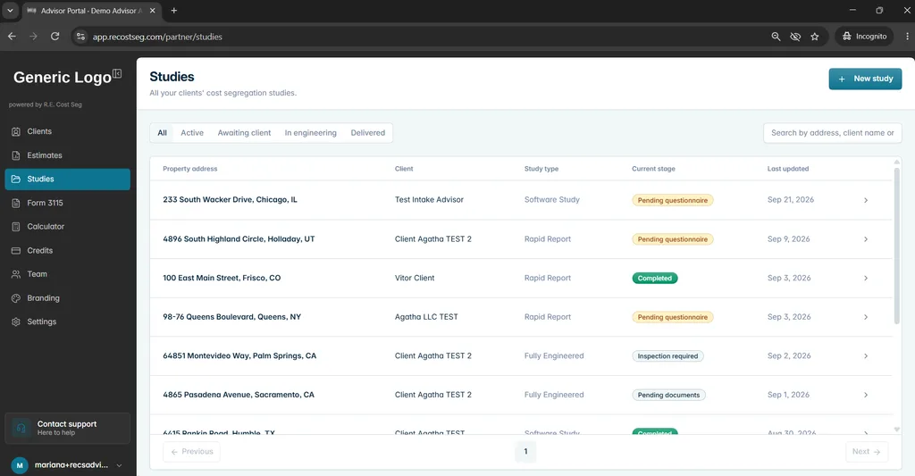 R.E. Cost Seg White Labeled Advisor Portal
