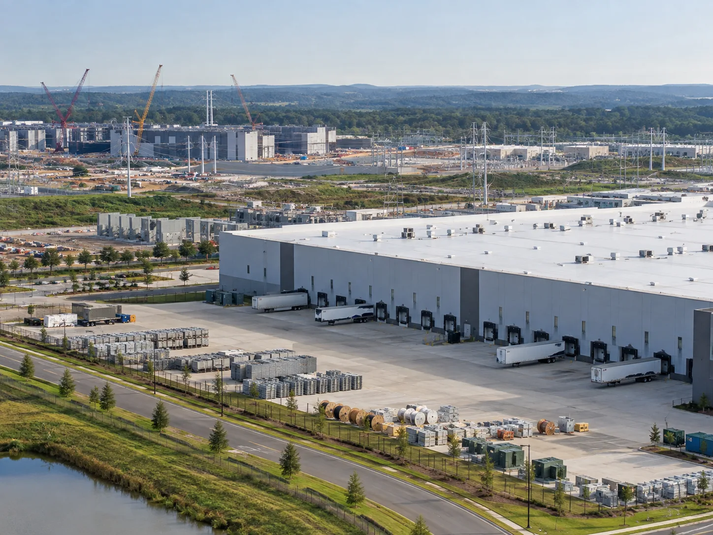 Data center construction is creating warehouse demand, with 69M SF of adjacent large-block industrial leasing over eight quarters.