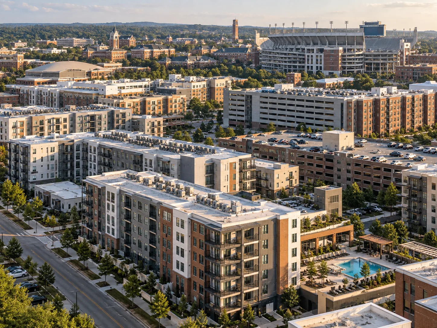 Student housing debt near top football campuses totals $6.1B, nearly twice the securitized balance near top academic universities.