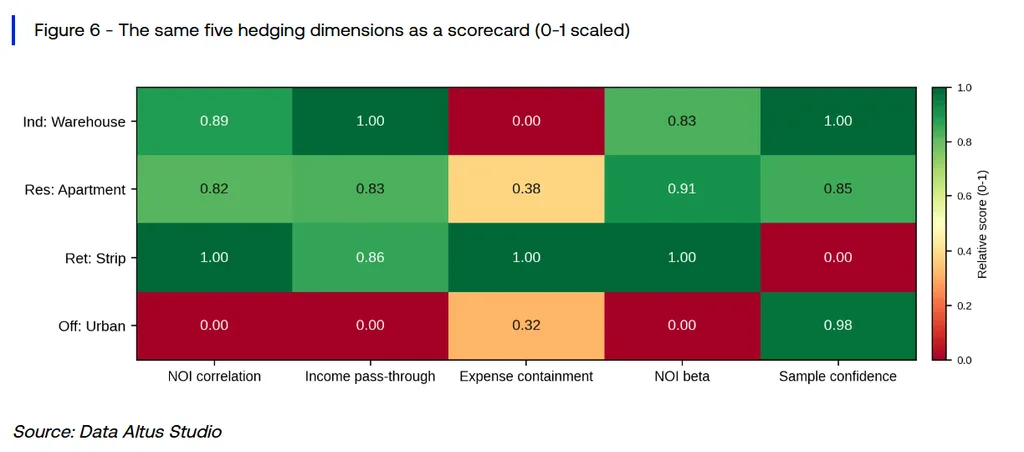 Warehouse, apartment, strip retail and urban office score differently across five CRE inflation-hedging dimensions.