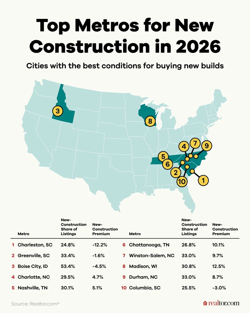 Map showing Realtor.com’s top 10 US metros for new construction in 2026, led by Charleston and Greenville.