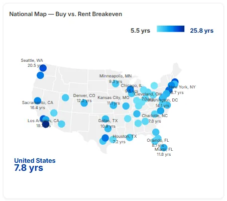 National Map — Buy vs. Rent Breakeven
